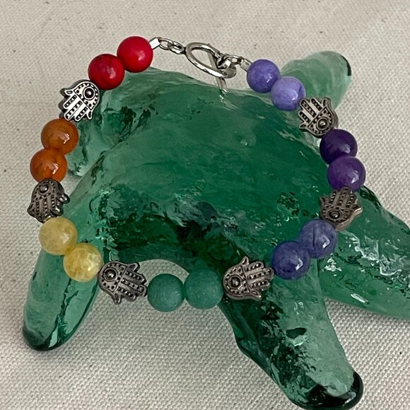 Yoga Chakra Bracelet Real Gemstones with Hamsa Hand Toggle Close - Picture 1 of 6